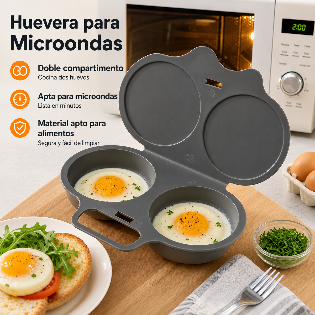 Huevera doble antiadherente para microondas, rápida y práctica
